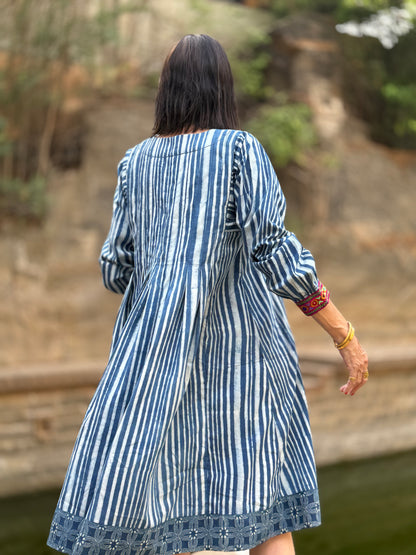 Indigo Blue Striped Cotton Dress With Hand Embroidery