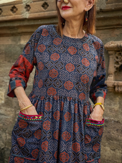 Indigo and Red Cotton Ajrakh Dress