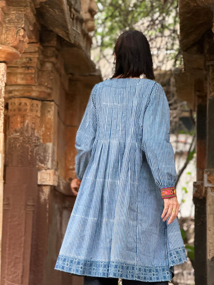Pin Striped Indigo Blue Dress With Hand Embroidery