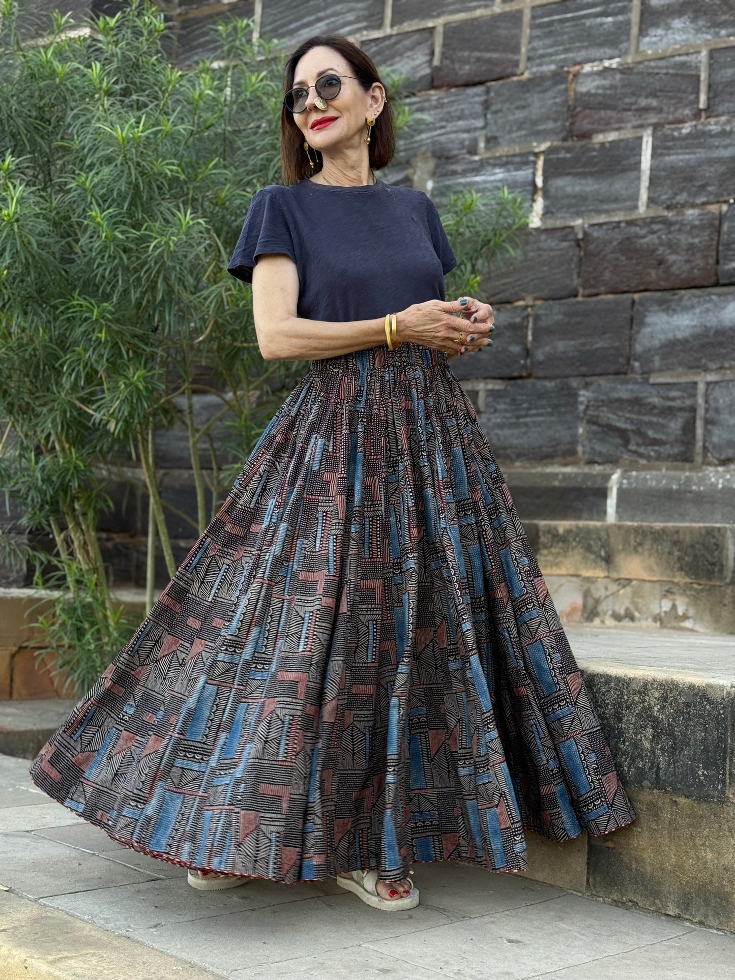 Abstract Indigo Midi Skirt Block from  Hand Printed Cotton. Perfect Twirl Skirt