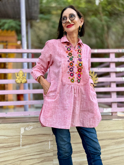 Khadi Cotton Pink Embroidery Shirt