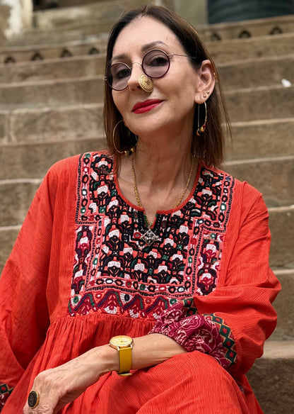 Kutch Tribal Embroidery Orange Cotton Tunic