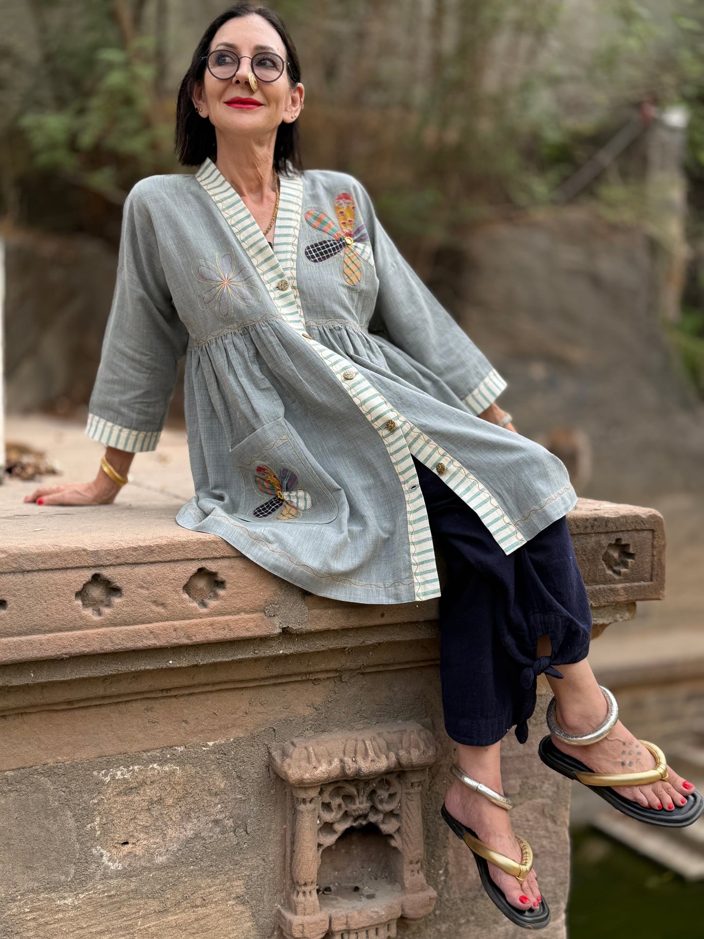 Khadi Cotton Tunic with Applique Daisy