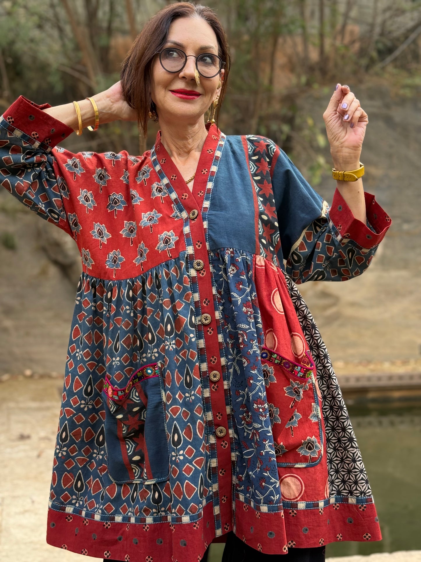 Cotton Ajrakh kaftan tunic with embroidery