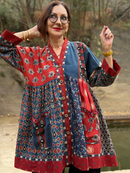 Cotton Ajrakh kaftan tunic with embroidery