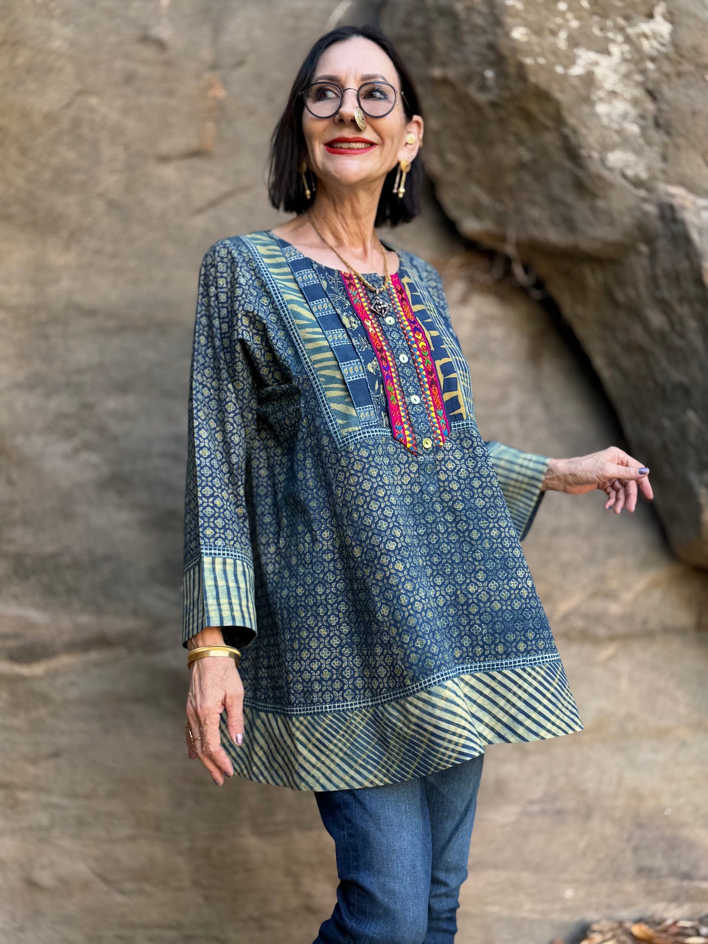 Hand Embroidered Indigo Cotton Tunic