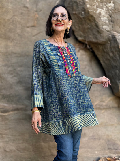 Hand Embroidered Indigo Cotton Tunic