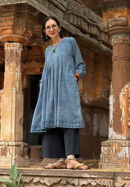 Pin Striped Indigo Blue Dress With Hand Embroidery