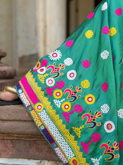 Vintage Emerald Green Hand-Embroidered Silk Navratri Midi Skirt