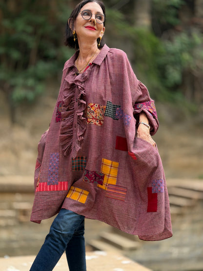 Limited Edition Bohemian Patchwork Handwoven Muslin-Cotton Ruffled Shirt