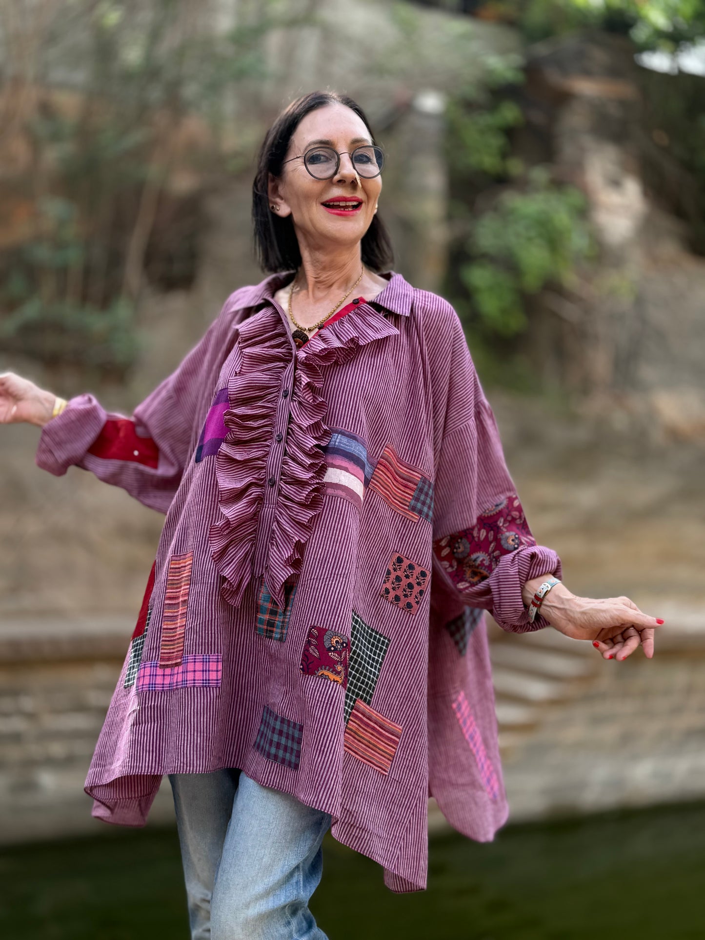 Lightweight cotton shirt with ruffles and patches
