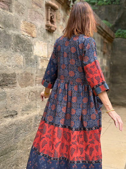Indigo and Red Cotton Ajrakh Dress
