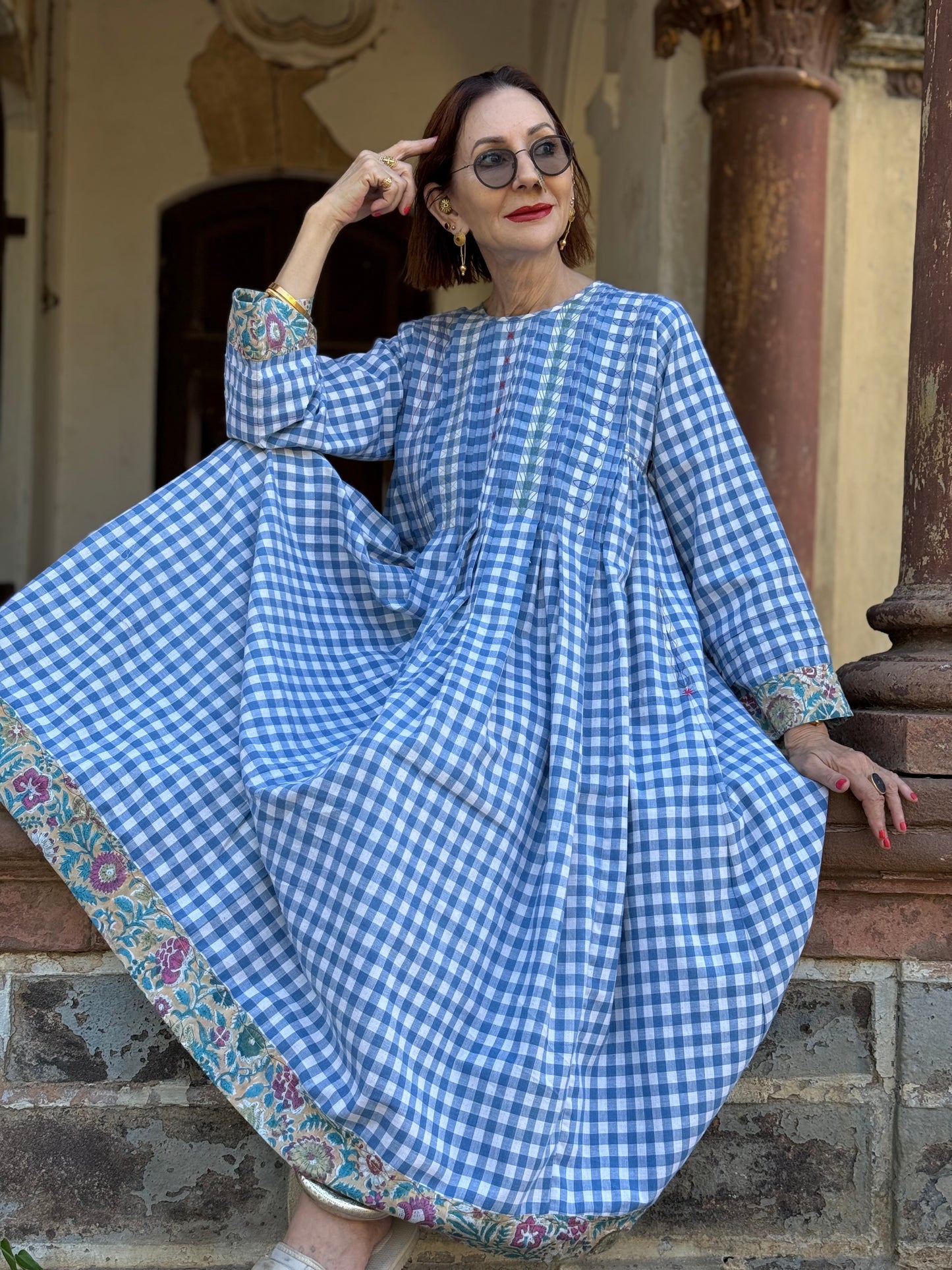Blue Check Khadi Cotton Dress