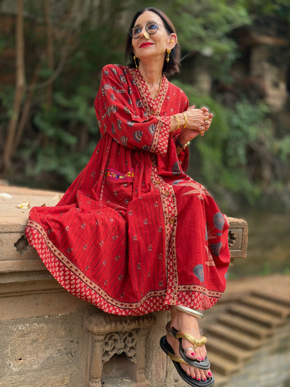 Limited Edition Ajrakh Floral Cotton Resort Dress with Kutch Embroidery