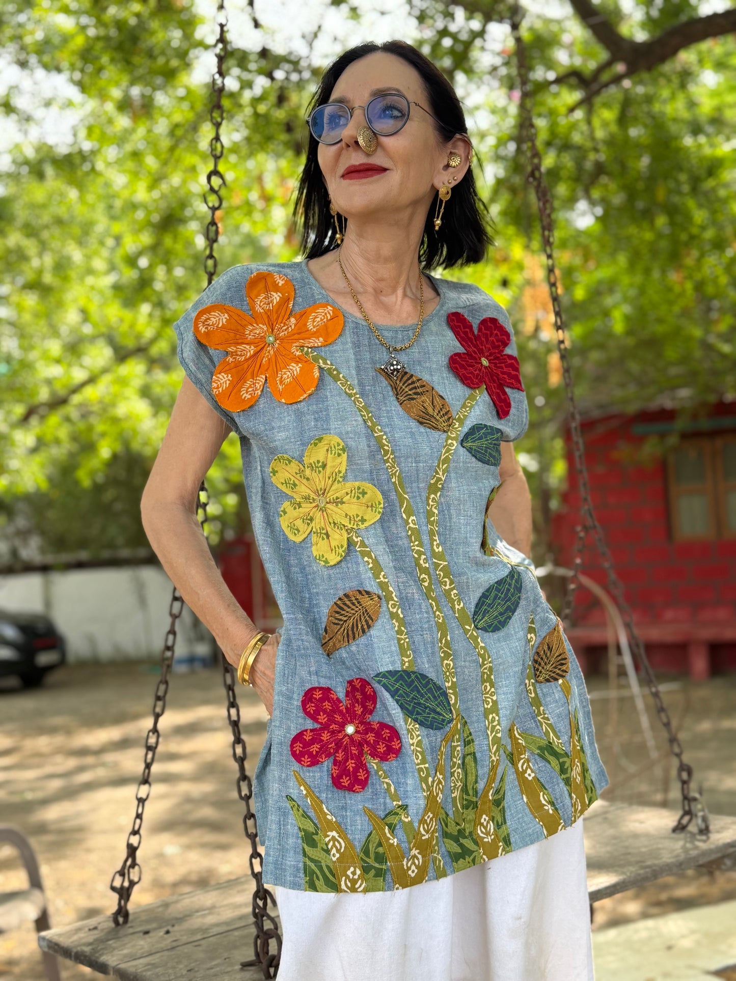 Handloom Kurta with Applique Flowers