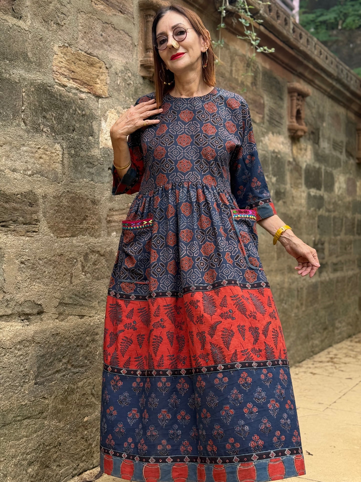 Indigo and Red Cotton Ajrakh Dress