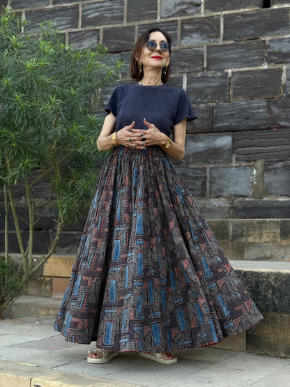 Abstract Indigo Midi Skirt Block from  Hand Printed Cotton. Perfect Twirl Skirt