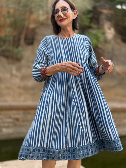 Indigo Blue Striped Cotton Dress With Hand Embroidery