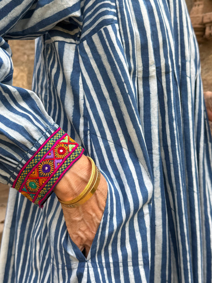 Indigo Blue Striped Cotton Dress With Hand Embroidery