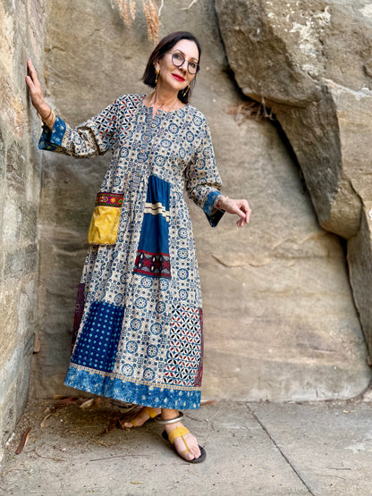 Indigo Cotton Patch Dress with Kutch Embroidery
