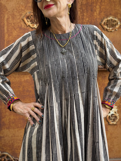Ajrakh Stripe Cotton Dress with Colorful Embroidered Cuffs & Tucked Bodice
