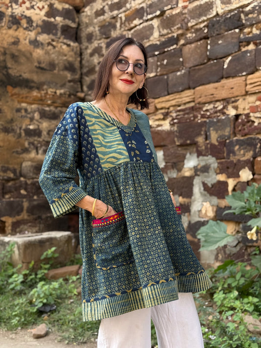 Indigo Ajrakh Tunic with Vibrant Kutch Embroidery