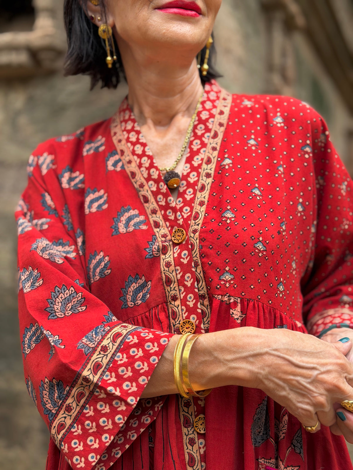 Limited Edition Ajrakh Floral Cotton Resort Dress with Kutch Embroidery