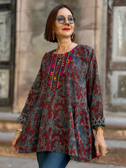 Cotton Ajrakh Tunic with Colorful Embroidery