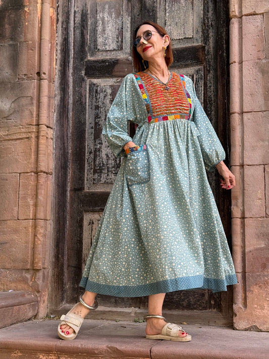 Handcrafted Ajrakh Block Print Dress with Appliqué Details
