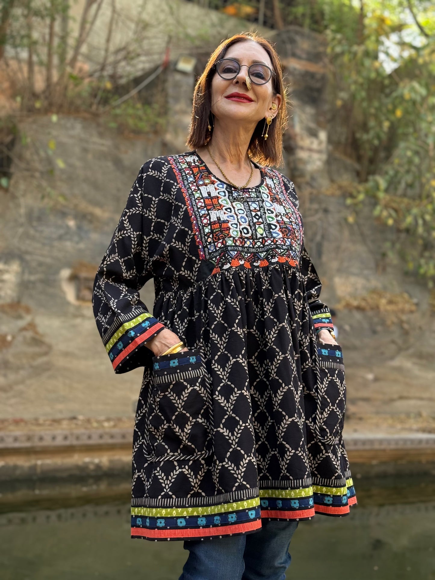Black Cotton Kutch Embroidery Tunic