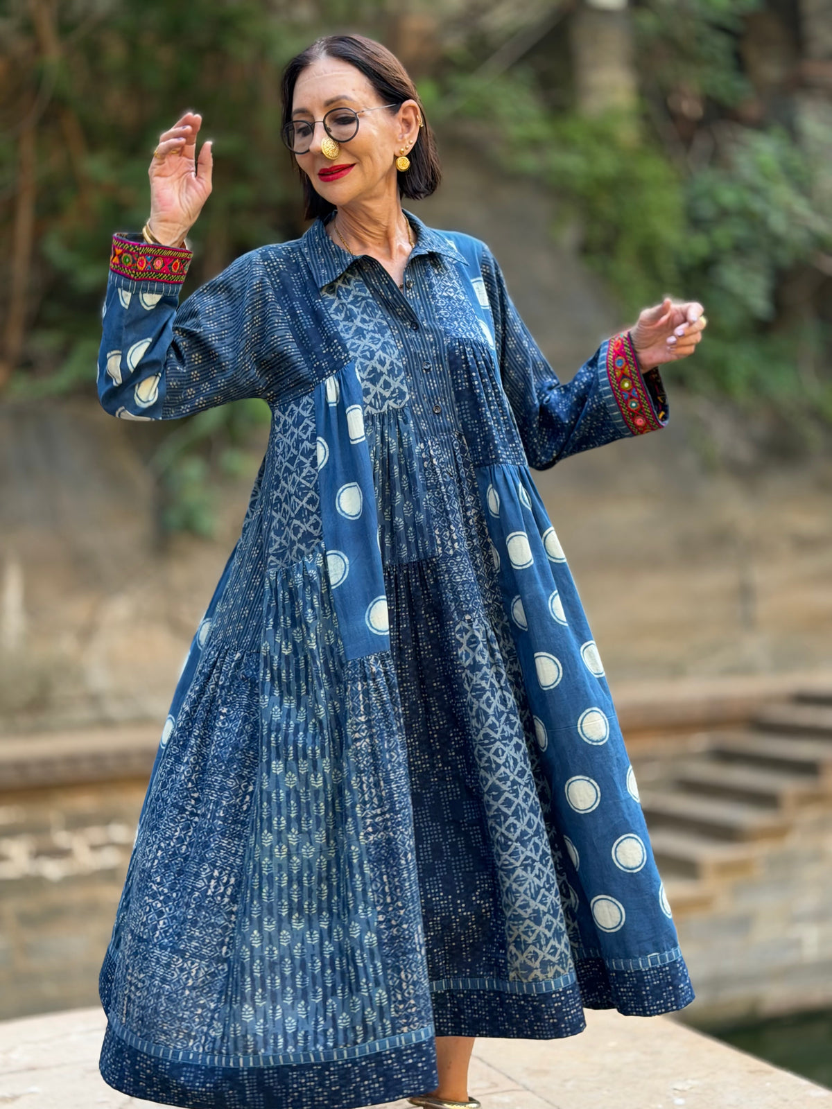 Madame Hall Indigo Blue Polka Dot Hand-Embroidered Patchwork Dress