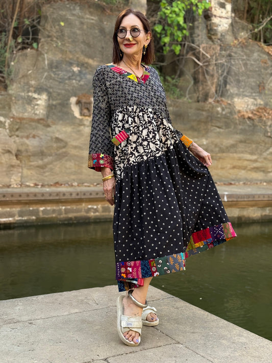 Black and white Ajrakh dress with colorful patchwork