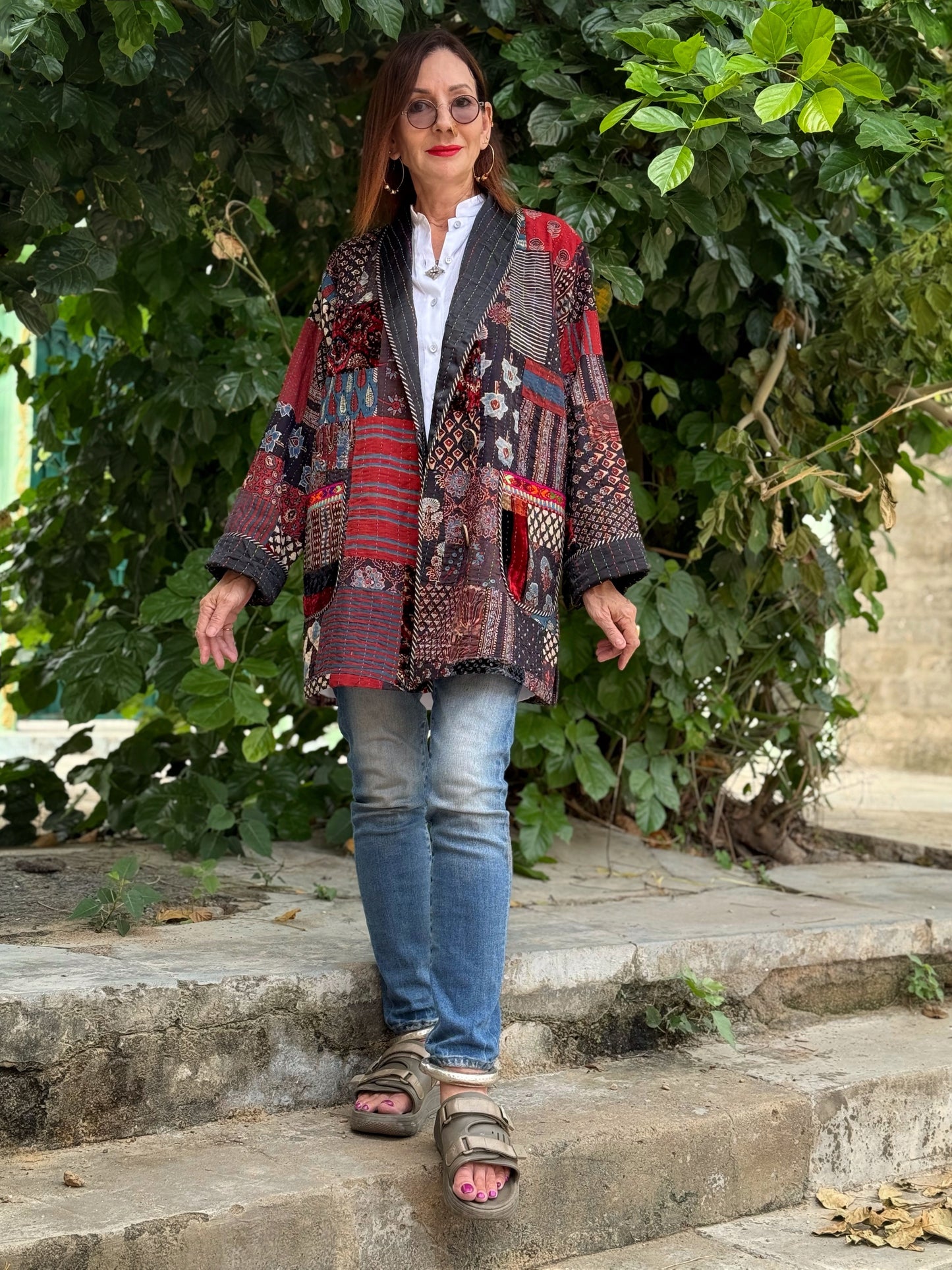 Hand quilted patchwork jacket of luxe Ajrakh
