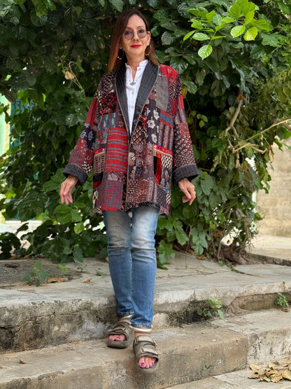 Hand quilted patchwork jacket of luxe Ajrakh