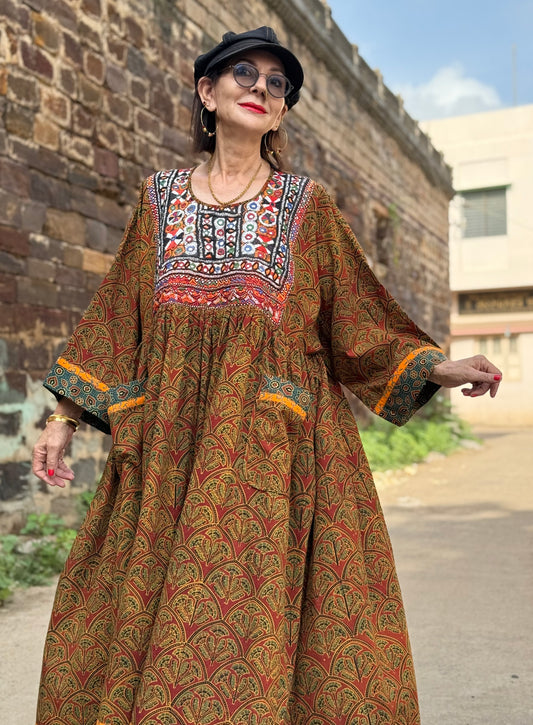 Collector’s Edition: Hand Block-Printed Boho Dress with Fine Kutch Embroidery