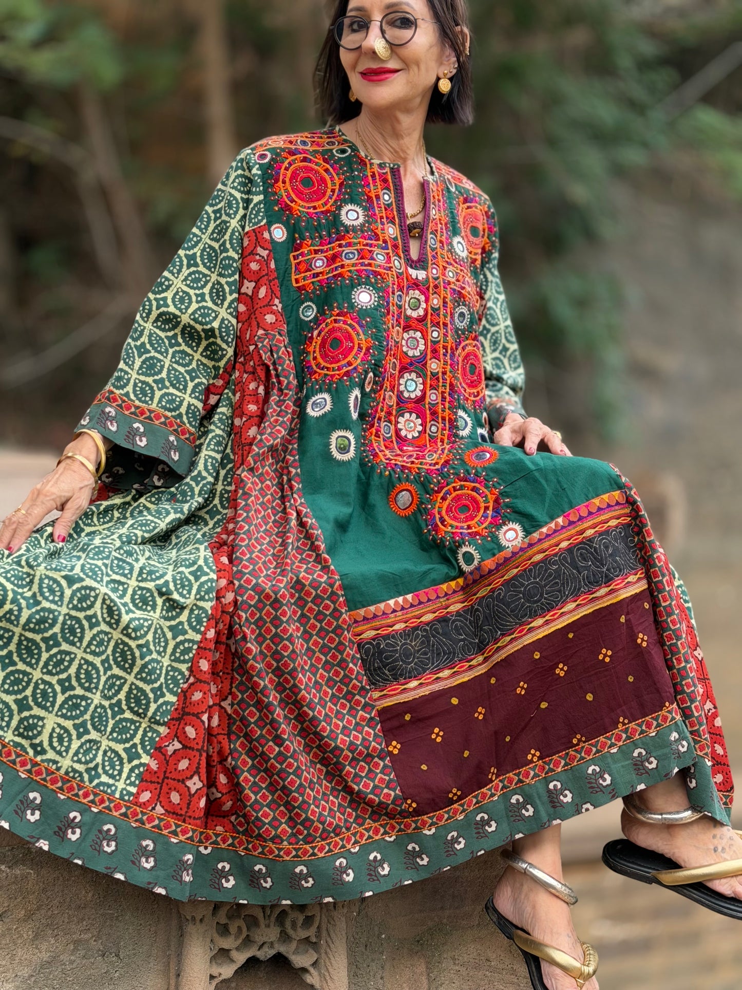 XXL Madame Hall 1-of-1 Green Artwear Dress with Rare Heritage Kutch Embroidered Yoke