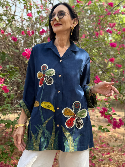 Indigo shirt with garden of Ajrakh Daisies
