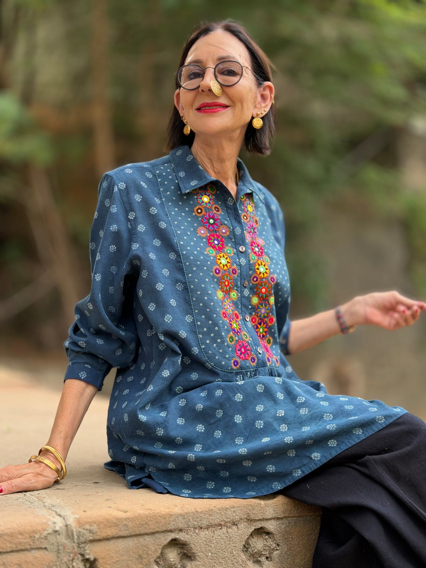 Pretty Hand Embroidered Shirt in Indigo Blue