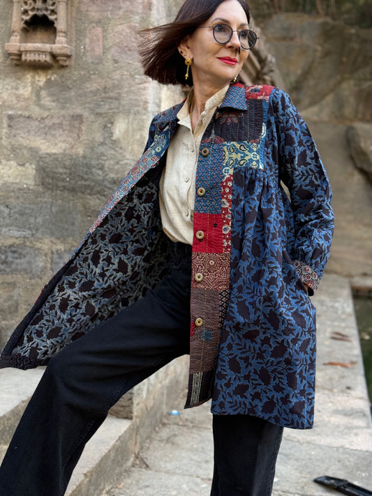 Cotton Shirt or Lightweight Jacket in an Ajrakh Patchwork of Indigo Blue.