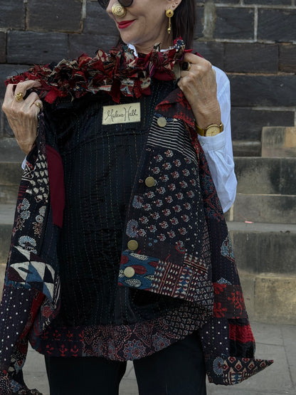 Handcrafted Ajrakh Patchwork Bomber Jacket - Luxe Art-to-Wear Design