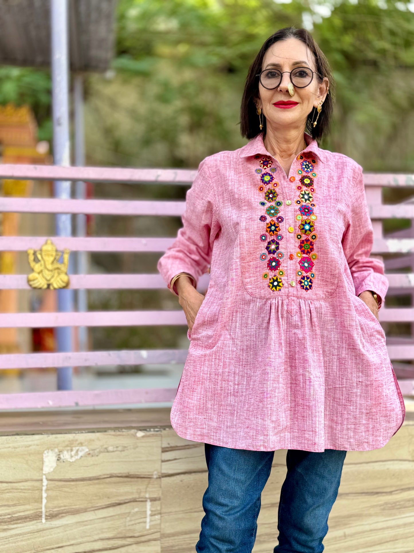 Khadi Cotton Pink Embroidery Shirt