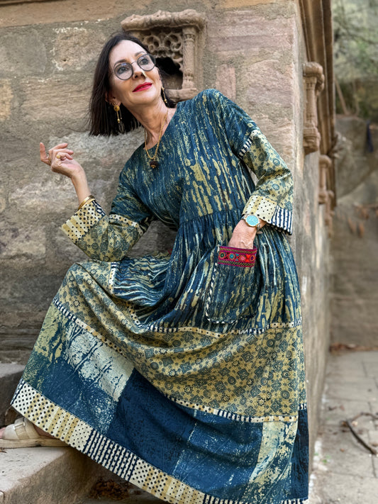 Arty cotton dress in hand printed indigo