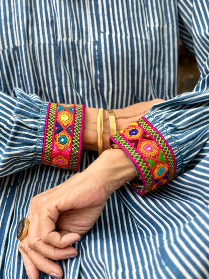 Pin Striped Indigo Blue Dress With Hand Embroidery