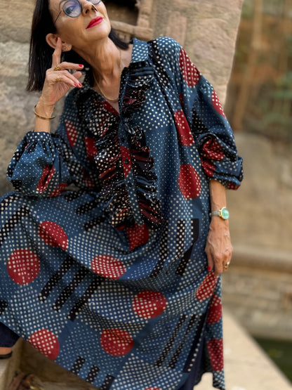 Modernist Indigo Ajrakh Cotton Shirtdress