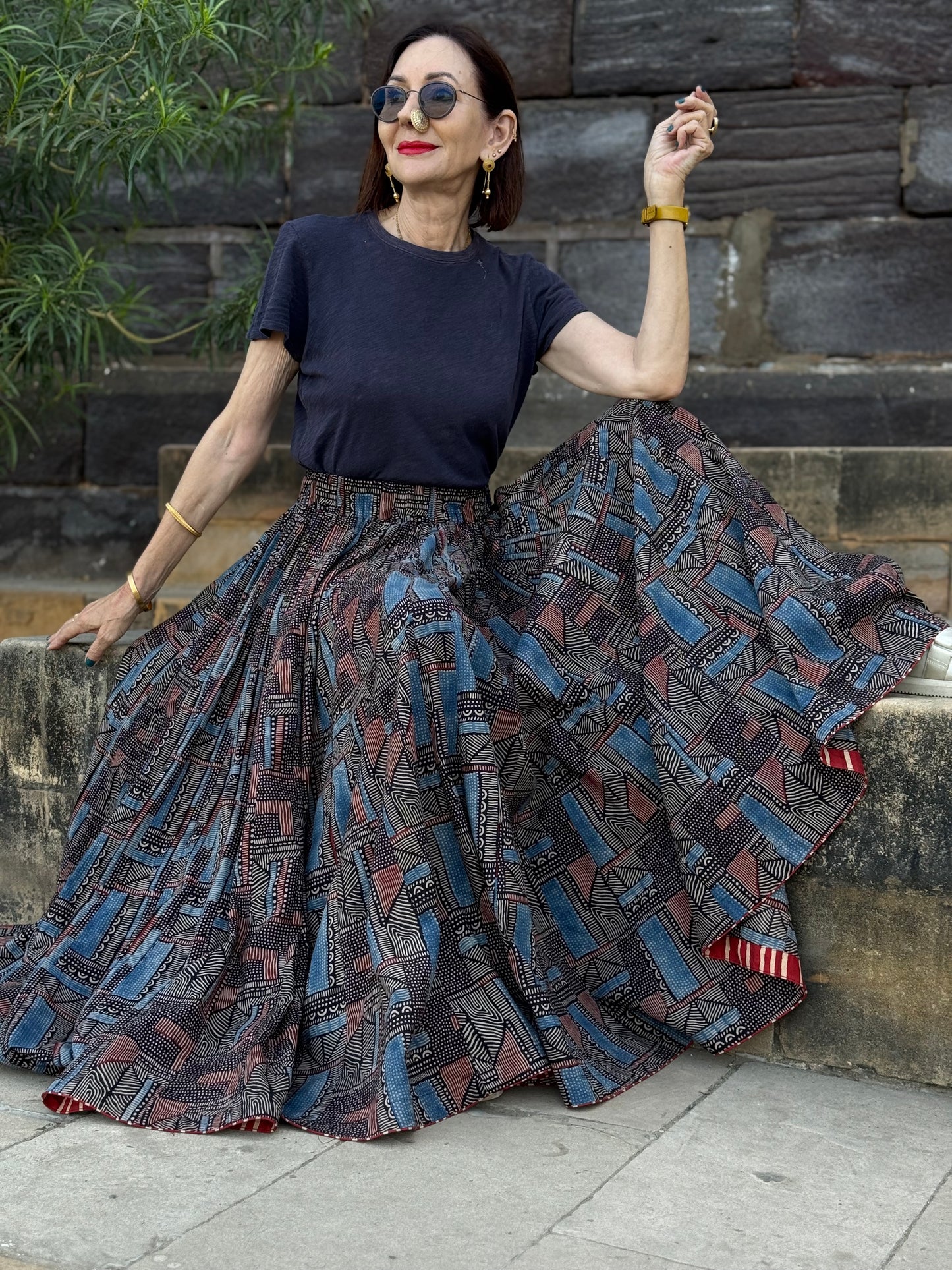 Abstract Indigo Midi Skirt Block from  Hand Printed Cotton. Perfect Twirl Skirt