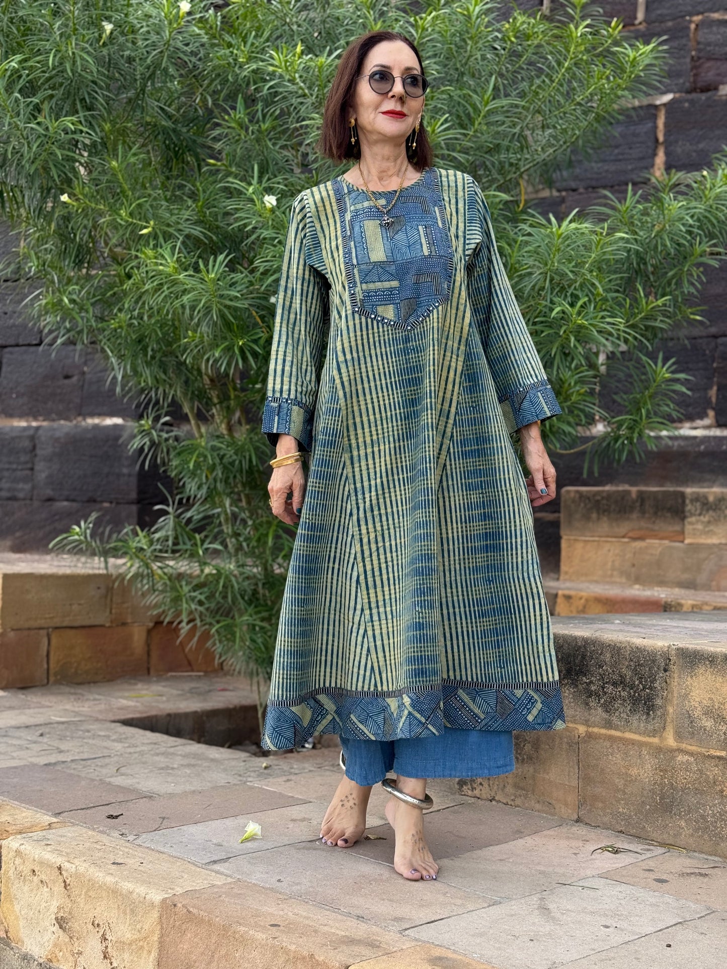 Indigo Ajrakh Flared Kurta Dress