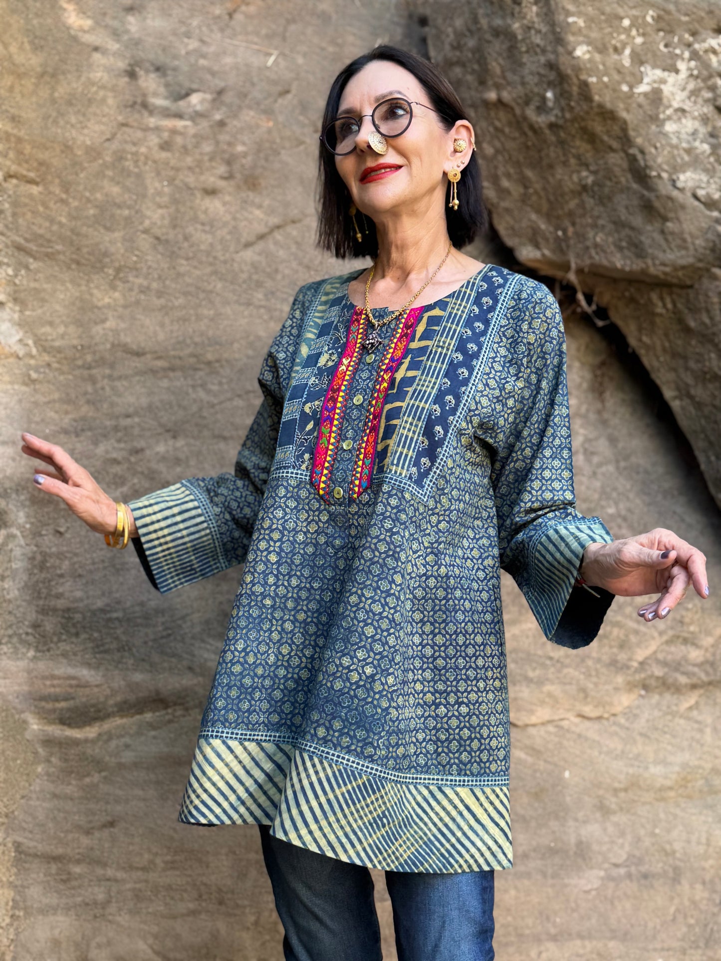 Hand Embroidered Indigo Cotton Tunic