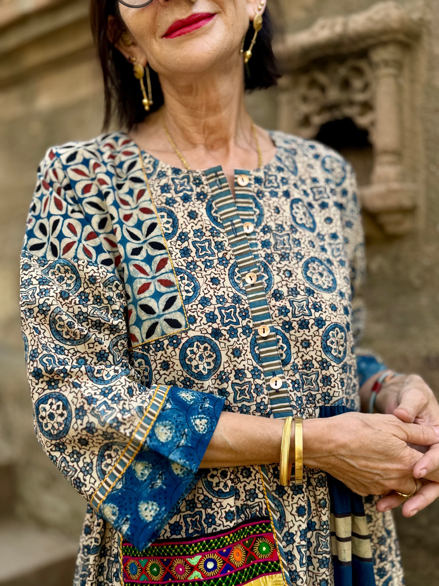 Indigo Cotton Patch Dress with Kutch Embroidery