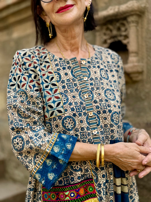 Indigo Cotton Patch Dress with Kutch Embroidery