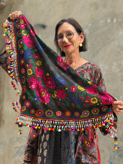 Hand embroidered scarf with beadwork and colorful tassels